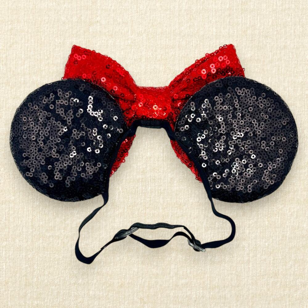 Elastic Black Sequin Minnie Ears — Red Bow | Disney-Inspired Mouse Ears - Picture 4 of 4